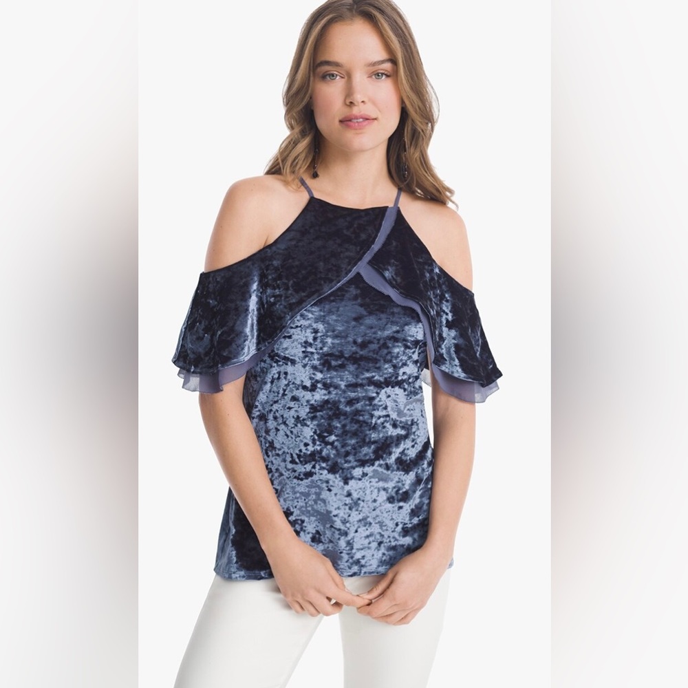 White House Black Market Short-Sleeve Cold-Shoulder Velvet Flounce Top Blue L